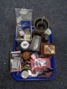 A tray of bell box, tankards, costume jewellery, wrist watches, pocket calculator,