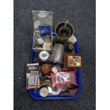 A tray of bell box, tankards, costume jewellery, wrist watches, pocket calculator,