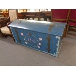 An antique oak painted metal bound shipping trunk