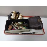 A box of antique mother of pearl opera glasses in leather case, pair of opera glasses,