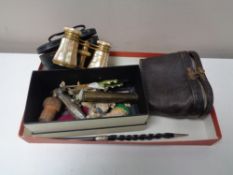 A box of antique mother of pearl opera glasses in leather case, pair of opera glasses,