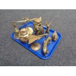 A tray of assorted brass animal figures, hand bell, aircraft on stand,