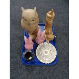 A tray of Sylvac pottery animal ornaments, pair of wall plates,