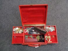 A fitted red jewellery box (with key) containing two "Yard O' Led" propelling pencils,