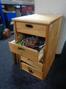 A pine five drawer chest of component parts, clamp,