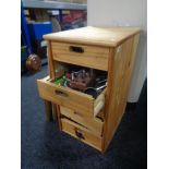 A pine five drawer chest of component parts, clamp,