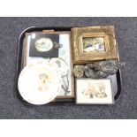 A tray of gilt framed oil on board - Ducks, Bunnykins china, carved stone figure,