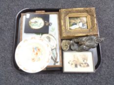 A tray of gilt framed oil on board - Ducks, Bunnykins china, carved stone figure,