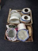 Two boxes of antique and later china, wash jug, China barrels,