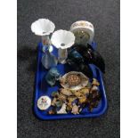 A tray of assorted china, Poole dolphins, Aynsley mantle clock, Wade whimsies,