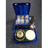A tray of cased goblet, onyx table box, composite figure of a pheasant,