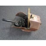 A Victorian copper and brass coal receiver with shovel.