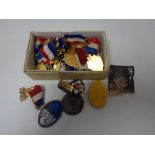 A box of British Empire Games medals, cross country medals, enamelled badges,