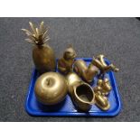 A tray of assorted brass ware, animal figures, boot planter,