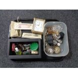 A tray of assorted wristwatches, perfume bottles, mantel clock, travel clock, pocket knives etc.