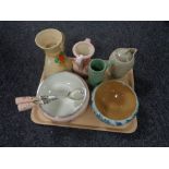 A tray of assorted china and pottery - Susie Cooper coffee pot, Deco pottery vase,