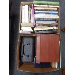 Two boxes of artist's box, faux leather storage boxes, assorted books,
