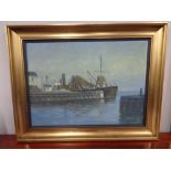 A 20th century continental school gilt framed oil on, boats in dock, signed Sorensen,