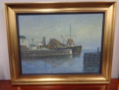 A 20th century continental school gilt framed oil on, boats in dock, signed Sorensen,