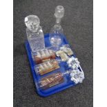 A tray of assorted glass ware - three ships in bottles, whiskey decanters,
