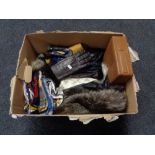 A box of lady's scarfs, leather gloves, furs,