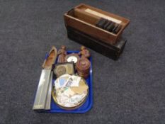 Two boxes of glass slides, tray of stamps, wooden tea caddy, barometer,