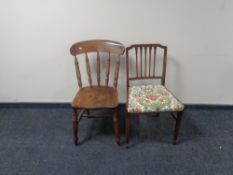 A mahogany occasional chair and pine kitchen chair
