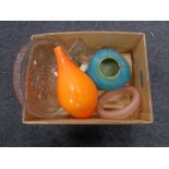 A box of glass ware, studio glass vase and bowl,