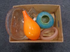 A box of glass ware, studio glass vase and bowl,