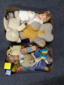 Two boxes of mid 20th century and later dolls, toys,