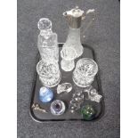 A tray of glass ware, claret jug, Edinburgh crystal Whisky decanter, candle holders,