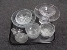 A tray of glass, comport, bowls,