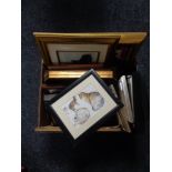 A box of framed pictures and prints, Jill Evans pastel study,