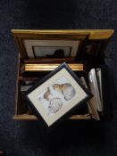 A box of framed pictures and prints, Jill Evans pastel study,