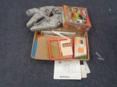 A boxed vintage my first home dolls house together with a swing ball soccer game and plastic