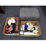 Two boxes of glass ware, Ringtons mugs, two motor cycle helmets,
