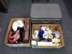Two boxes of glass ware, Ringtons mugs, two motor cycle helmets,
