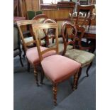 A pair of walnut dining chairs in pink dralon and another pair of antique chairs