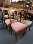 A pair of walnut dining chairs in pink dralon and another pair of antique chairs