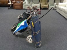 A Pogen golf bag containing Dunlop irons and drivers,