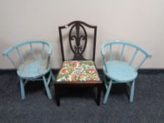 An antique mahogany Hepplewhite style child's chair together with a pair of elbow chairs