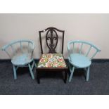 An antique mahogany Hepplewhite style child's chair together with a pair of elbow chairs