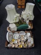 Two boxes of table lamps, Royal Worcester flan dishes,
