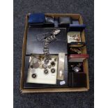 A box of jewellery boxes, gent's cuff links, coins, continental silver teaspoon,