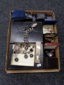 A box of jewellery boxes, gent's cuff links, coins, continental silver teaspoon,