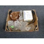 A box of assorted glass ware - dessert set, decanters, drinking glasses,