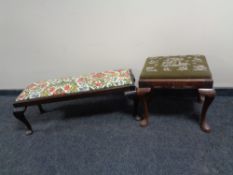 A twentieth century mahogany stool with upholstered seat together with a further duet stool