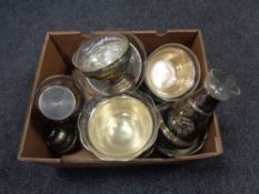 A box of plated glass lined vases and bowls