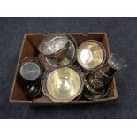 A box of plated glass lined vases and bowls