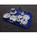 A tray of Royal Copenhagen and B& G blue and white china, cup and saucer, miniature vases,